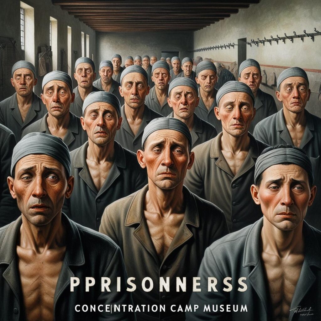 shows hungry, tired prisoners of a concentration camp